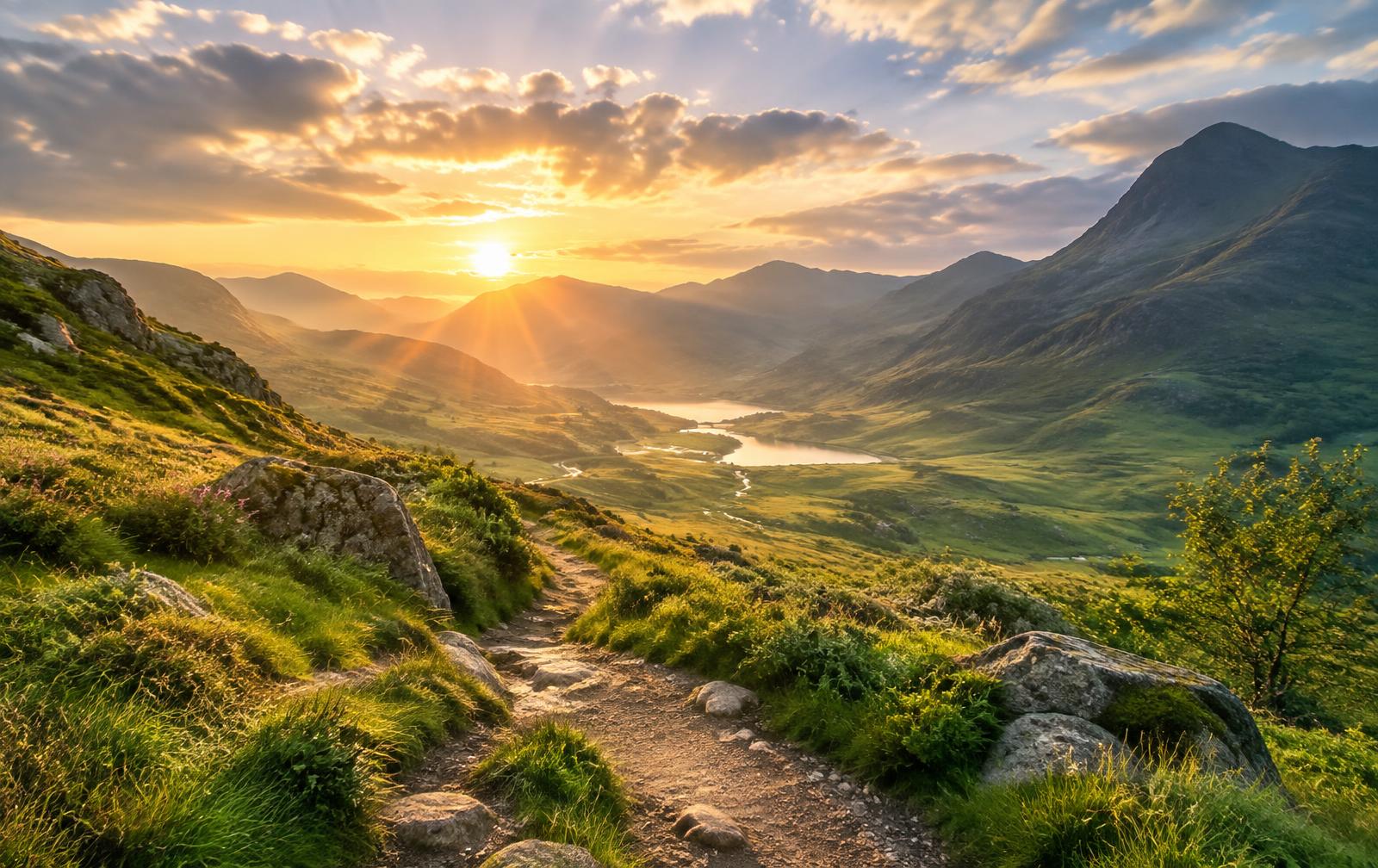 A sunlit path winding through a green mountain valley
